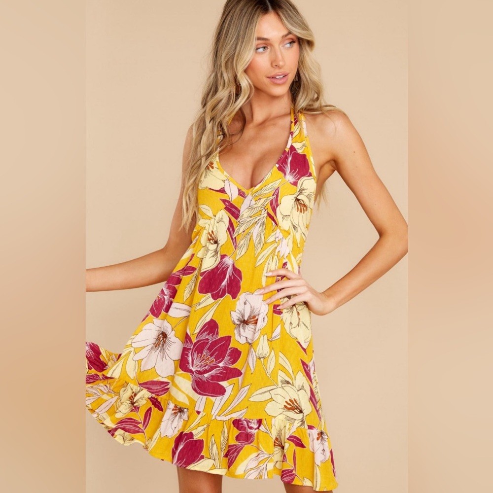 BOG Collective women’s yellow pink floral V neck dress  L NWT L96-39